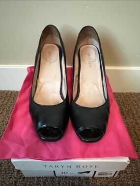 Taryn Rose Black Peep-Toe Leather Pumps